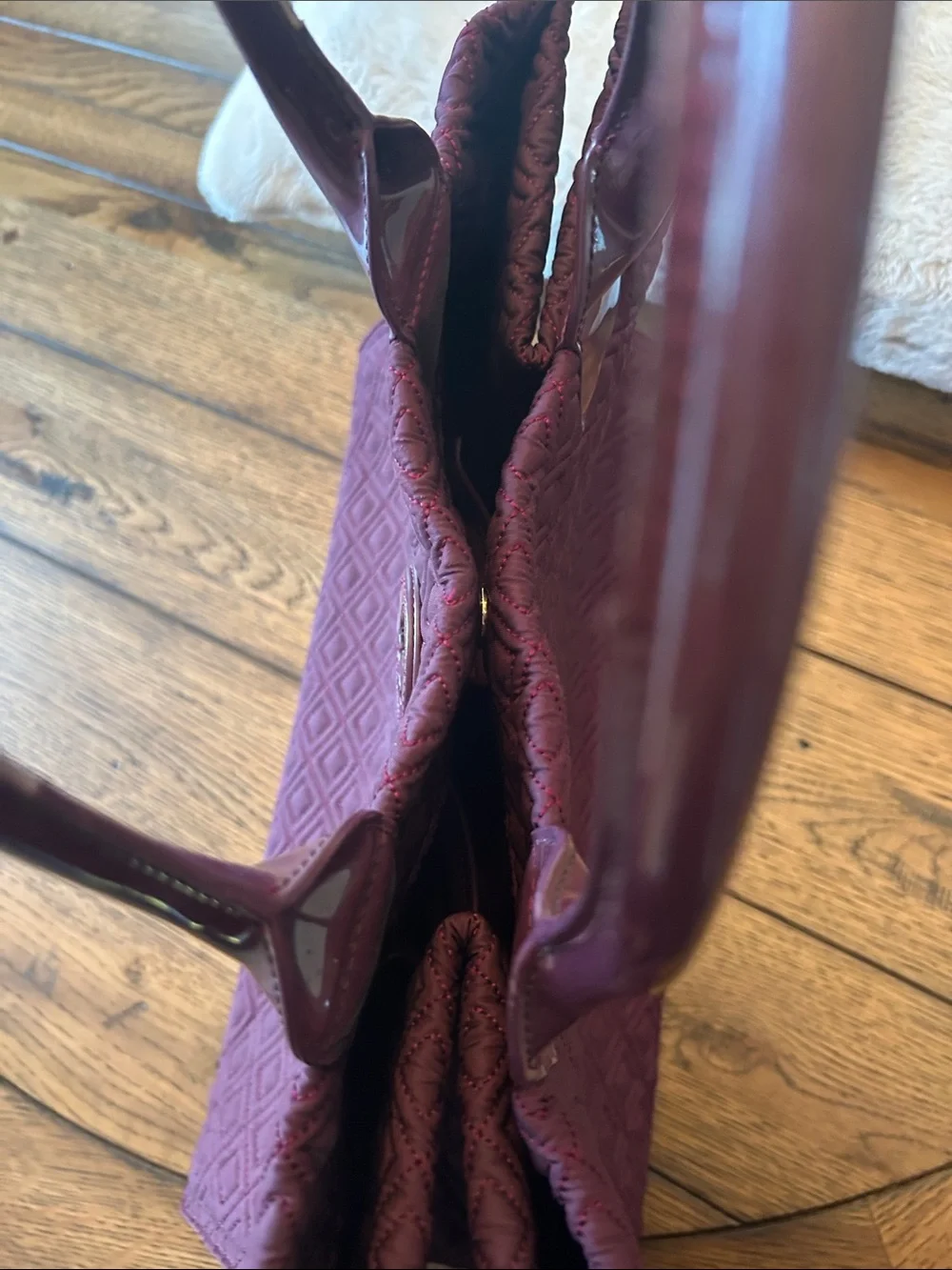 Tory Burch Marion Quilted Tote in Wine with Patent Handles like new